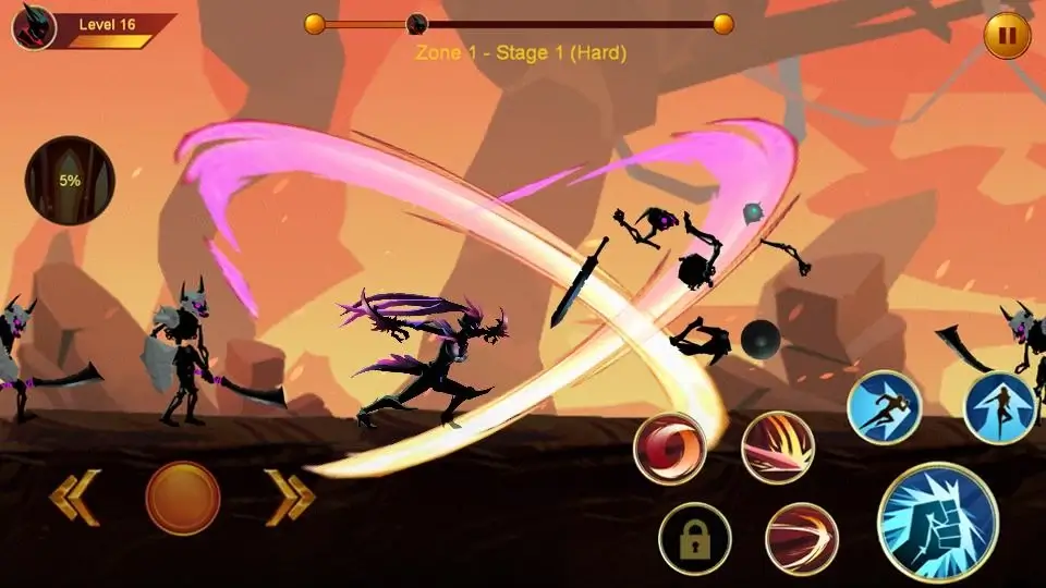 Shadow Fighter game hero in combat stance with dark background and glowing sword.